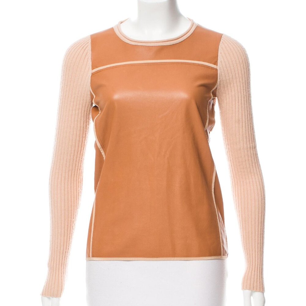 Reed Krakoff Beige Cashmere Wool Blend Tan Leather Panel Crew Neck Sweater S